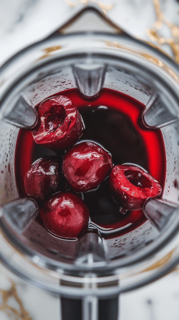Ultra close-up shot of fresh pitted cherries and dark balsamic vinegar in a blender cup, bright red cherries beginning to break down into a juicy mixture, deep red liquid pooling at the bottom