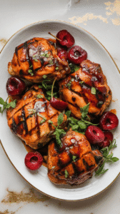 grilled cherry balsamic chicken thighs arranged on a white ceramic plate, rich reddish-brown glaze shining on the surface, garnished with sliced fresh cherries and herb