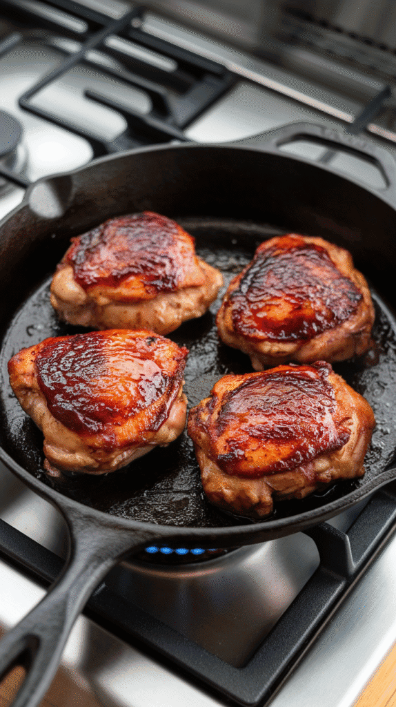 cherry balsamic-marinated chicken thighs sizzling in a cast iron skillet, dark red glaze caramelizing into a deep reddish-brown crust on the edges