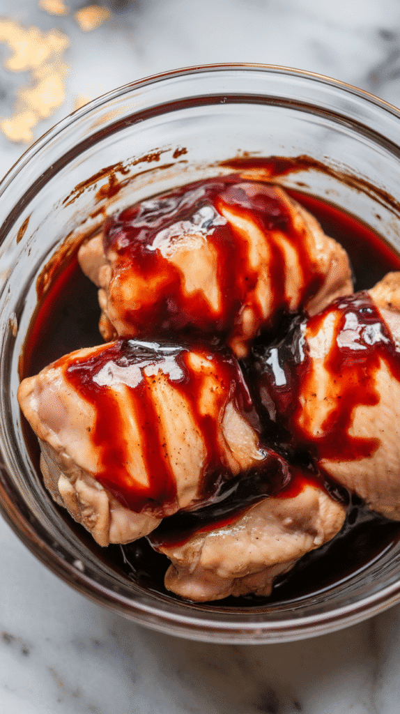 boneless skinless chicken thighs coated in thick, glossy cherry balsamic marinade, the dark red sauce clinging to every surface. On white marble counters