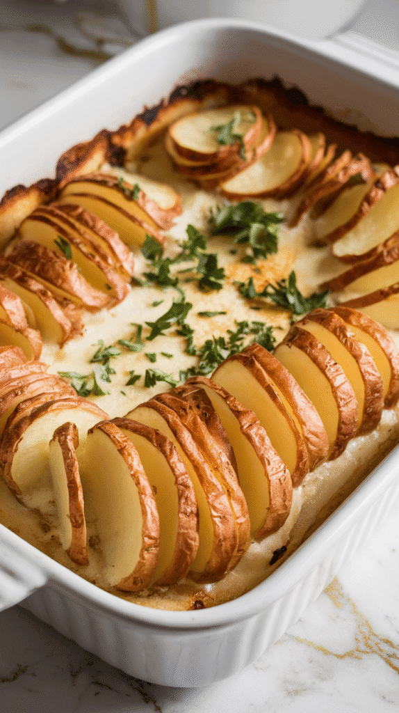 scalloped potatoes served in a white baking dish, golden brown top with parsley sprinkled over, creamy layers visible where a scoop has been taken out