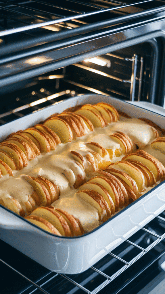 scalloped potatoes bubbling in the oven, top layer golden brown with crispy edges just forming. Inside a modern stainless steel double oven