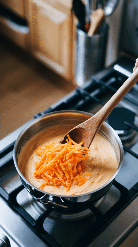 shredded cheddar being stirred into thick cream sauce, creating a rich, golden mixture as it melts in. On a modern stainless steel gas stove