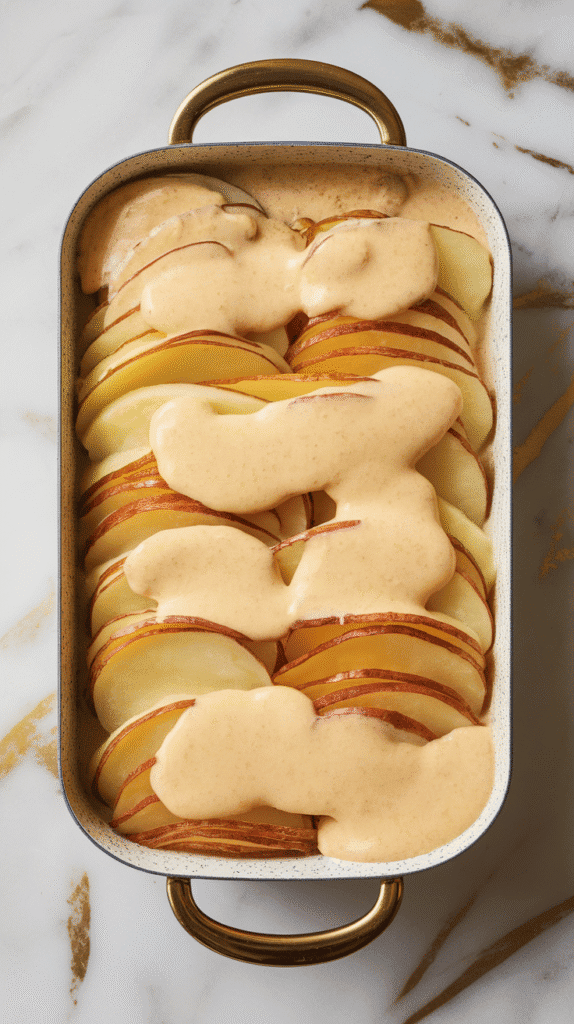 thin potato slices neatly layered in a baking dish with creamy sauce poured over top, some slices just peeking through the surface