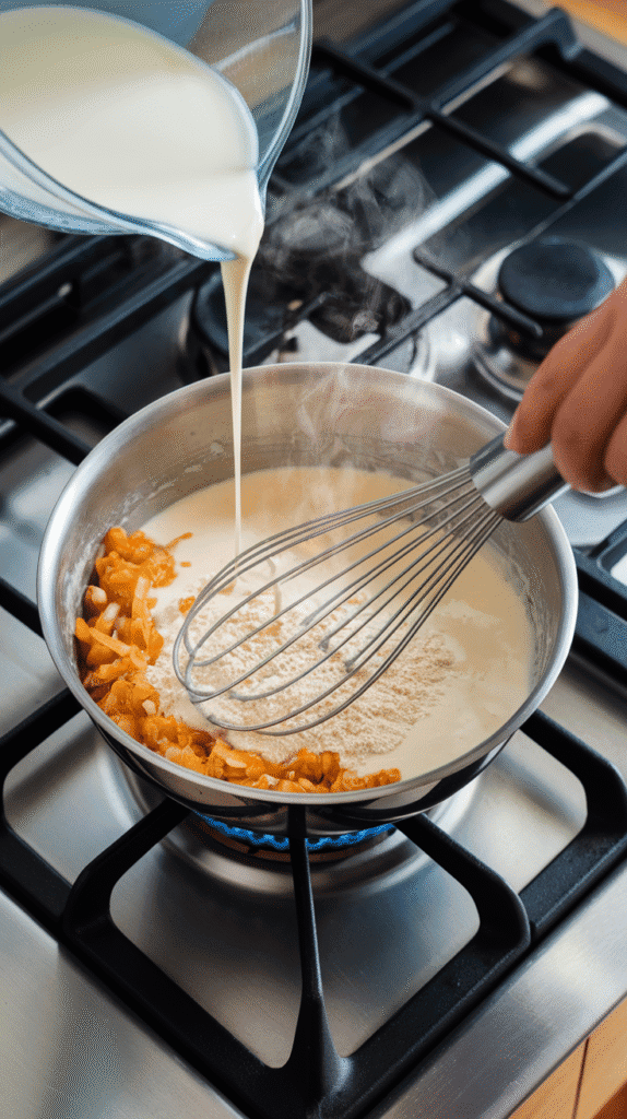 flour whisked into onions and garlic, followed by milk and cream being slowly poured in, creating a creamy, pale sauce with steam rising. On a modern stainless steel gas stove