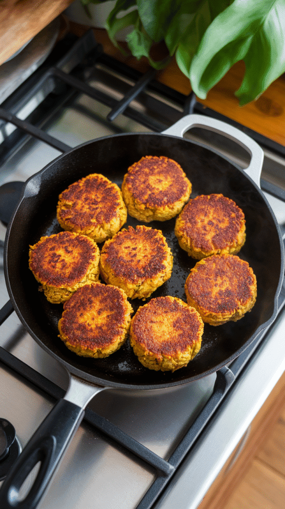 golden-brown falafel sizzling in a skillet, crispy edges forming, lightly browned on one side, on a modern stainless steel gas stove