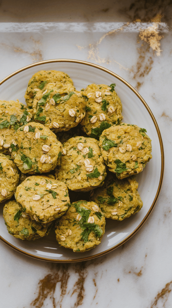 small round falafel patties on a plate, speckled with parsley and oats, uncooked and slightly textured, on white marble counters with hints of gold