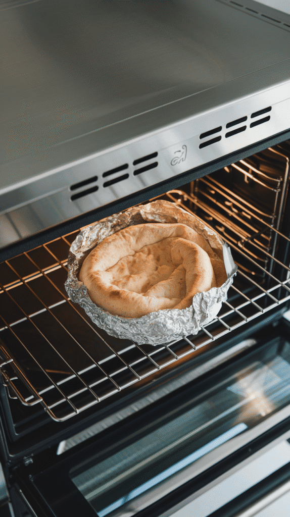 pita bread wrapped in foil just opened, soft and warm with slight steam rising, on a modern stainless steel double oven,