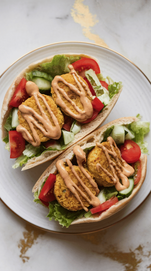 a pita half stuffed with crispy falafel, shredded lettuce, diced cucumber and tomato, and creamy tahini sauce drizzled over