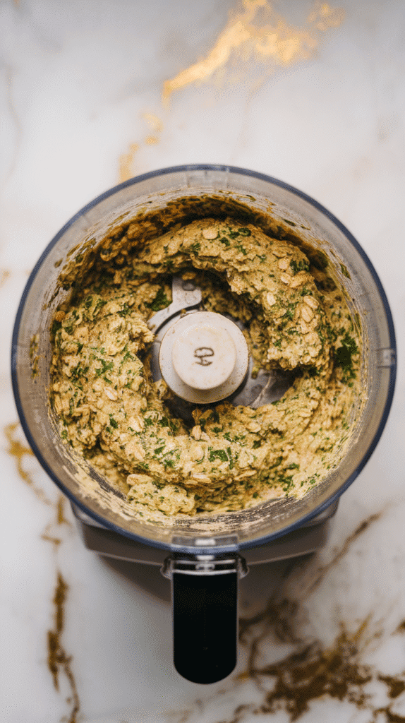 blended falafel mixture in a food processor bowl, showing a green-flecked, slightly chunky texture with visible oats and herbs, on white marble counters with hints of gold
