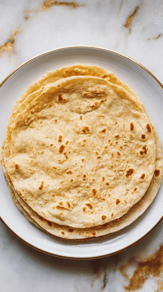 two finished cottage cheese flatbread wraps stacked on a white plate, soft and slightly golden, flecks of oat flour visible