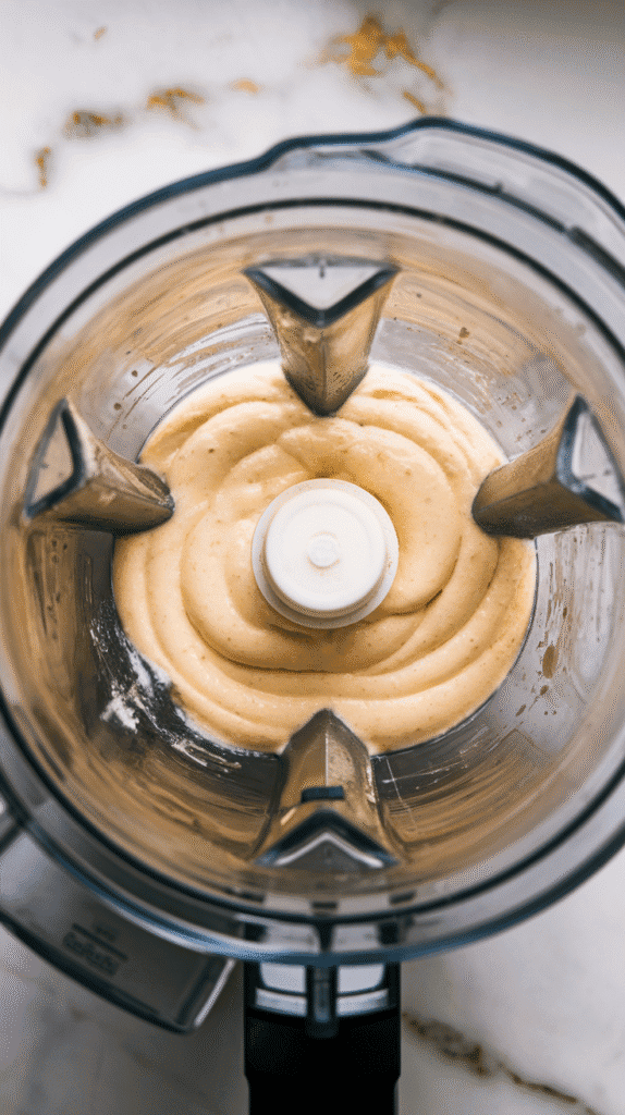 creamy blended batter in blender container, pale yellow and smooth, made from 1 cup low-fat cottage cheese, 2 large eggs, 1/4 cup oat flour, 1/4 tsp salt, 1/4 tsp baking powder, and 1/4 tsp garlic powder