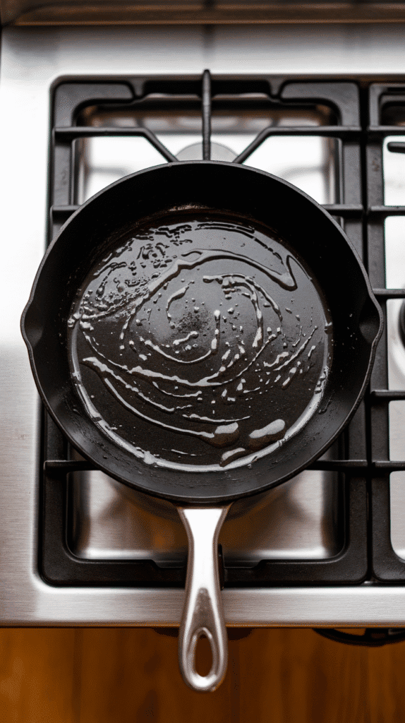 preheated non-stick skillet lightly greased with oil, shiny and ready for batter, on a modern stainless steel gas stove