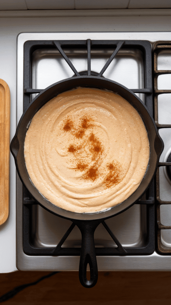 thin layer of blended batter spreading in skillet, edges smooth and beginning to set, made from cottage cheese, eggs, oat flour, and spices, on a modern stainless steel gas stove