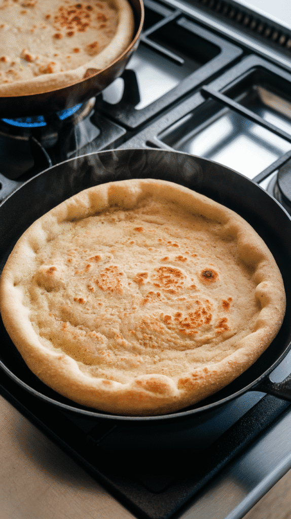 cottage cheese flatbread wrap being flipped in skillet, underside golden and cooked through, second side still pale, on a modern stainless steel gas stove