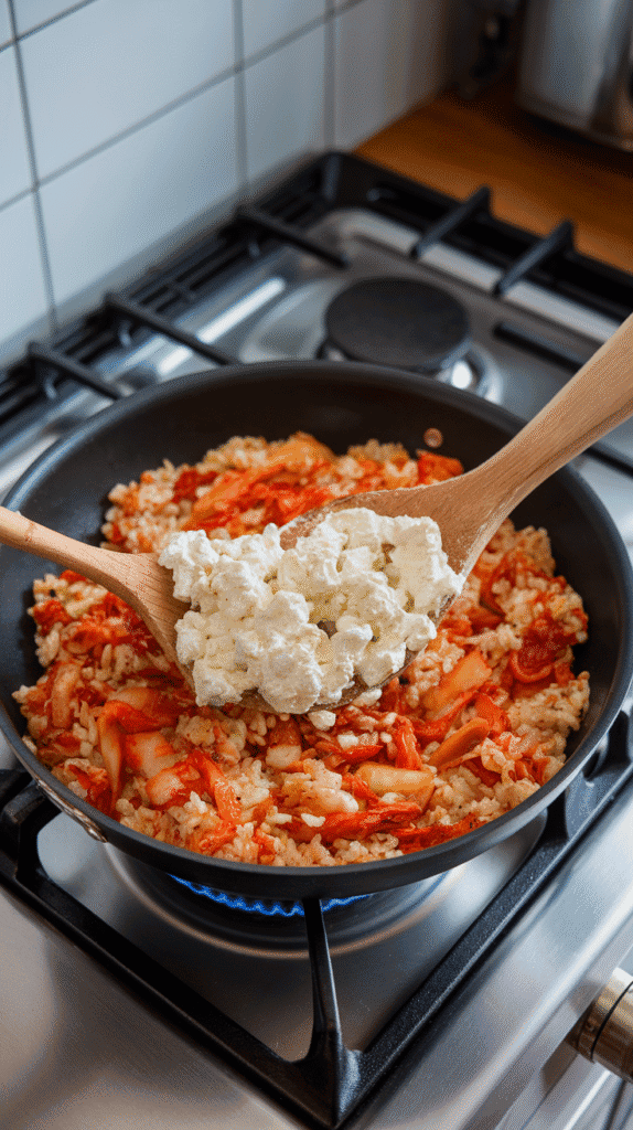 mall curd cottage cheese being gently folded into hot kimchi fried rice, soft creamy curds melting slightly into the grains