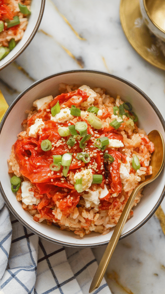 bowl filled with kimchi fried rice, creamy bits of cottage cheese throughout, garnished with chopped scallions and sesame seeds, gold spoon resting on the side