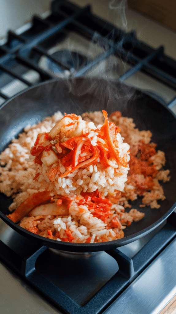 cold rice being tossed with kimchi, garlic, soy sauce, and sesame oil in the skillet, steam rising, grains separating and turning reddish-orange