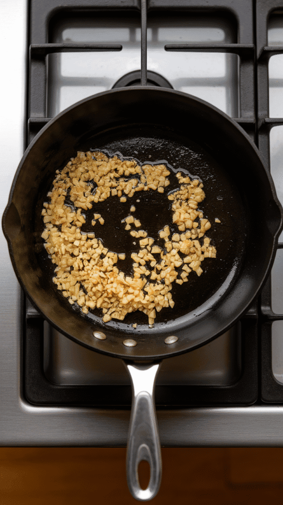 minced garlic sizzling in neutral oil inside a nonstick skillet, tiny golden bits forming, on a modern stainless steel gas stove