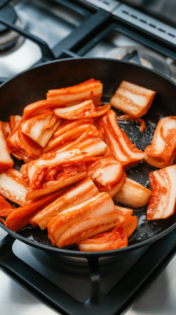 chopped kimchi sizzling and softening in garlic oil in the skillet, edges slightly browned and glossy, on a modern stainless steel gas stove