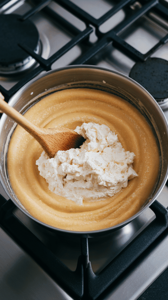 reamy polenta being stirred with small curd cottage cheese, white curds folding into the golden mixture, on a modern stainless steel gas stove,