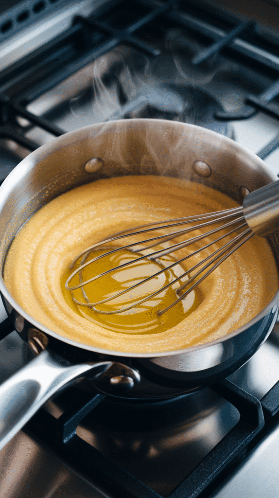 thickened polenta being whisked in a saucepan, golden yellow and creamy with steam rising, olive oil just stirred in, on a modern stainless steel gas stove