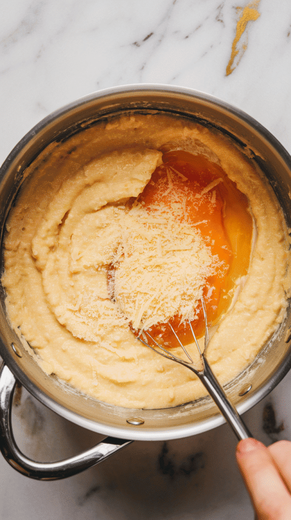 beaten egg and grated Parmesan being folded into creamy cottage cheese polenta mixture, flecks of cheese visible, mixture smooth and thick