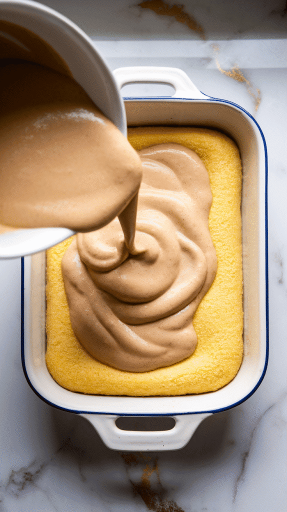 creamy polenta mixture being poured into a greased white ceramic baking dish, surface being smoothed with a spatula