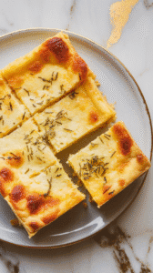 sliced cottage cheese polenta bake served warm from the dish, flecks of herbs on top, golden cheesy crust, soft interior texture visible, white marble counter with hints