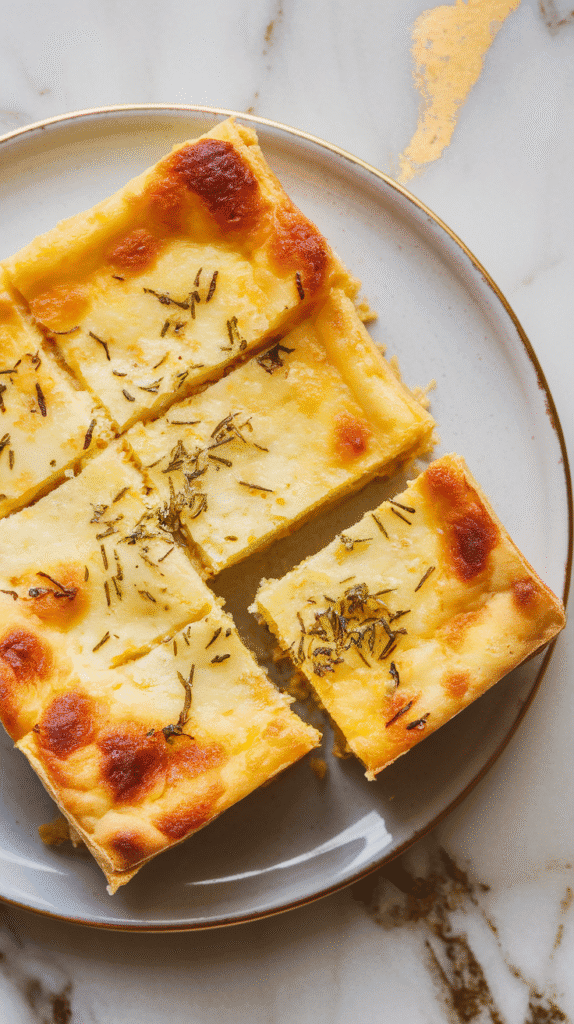 sliced cottage cheese polenta bake served warm from the dish, flecks of herbs on top, golden cheesy crust, soft interior texture visible, white marble counter with hints