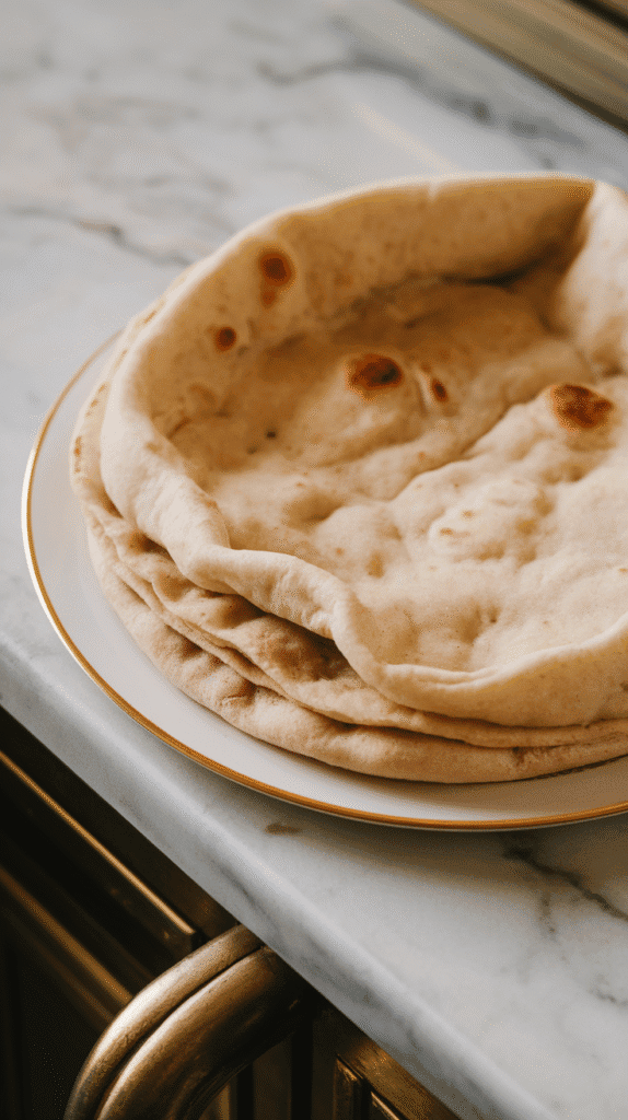 soft flatbread laid flat on a white plate, warm and pliable, ready for filling, on white marble counters with hints of gold,
