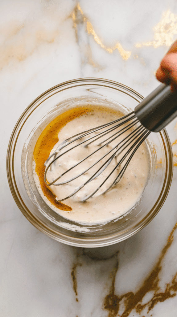 creamy slaw dressing being whisked in a small bowl, showing smooth mixture made with Greek yogurt, apple cider vinegar,