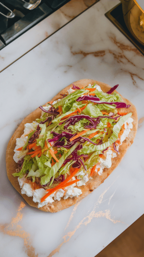olorful slaw mixture layered over cottage cheese on flatbread, bright greens, purples, and oranges popping