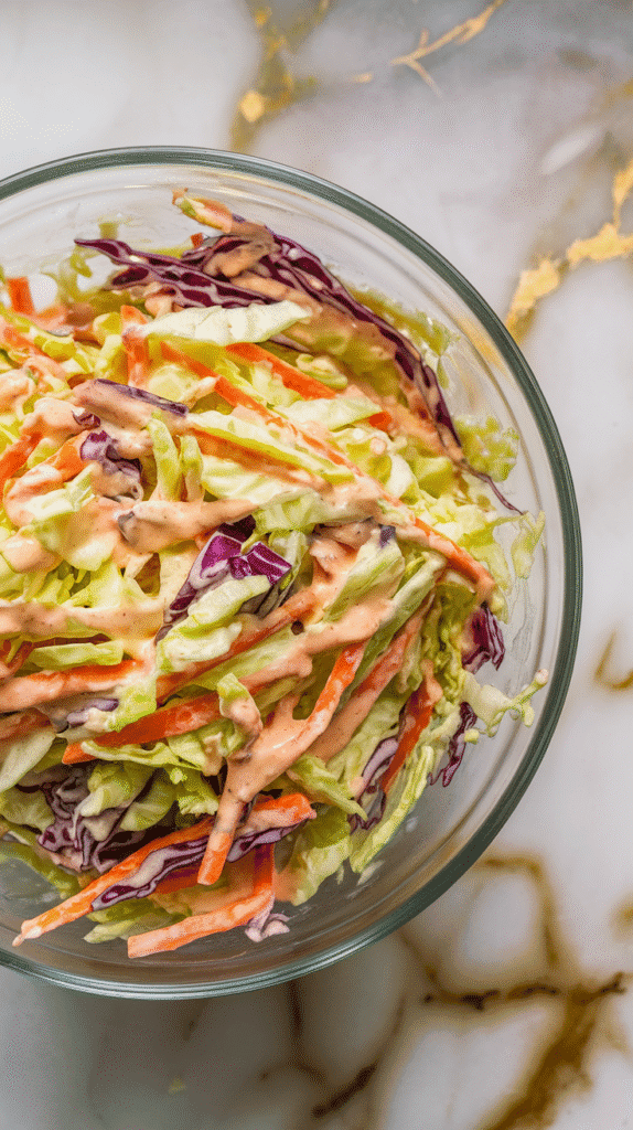 vibrant coleslaw mix (green and purple cabbage, carrots) tossed in creamy dressing, coated evenly, in a glass bowl