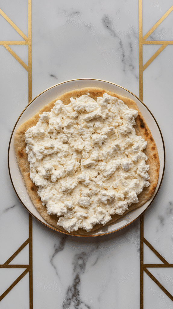 creamy cottage cheese spread evenly down the center of a flatbread, soft and thick texture visible, on white marble counters with hints of gold