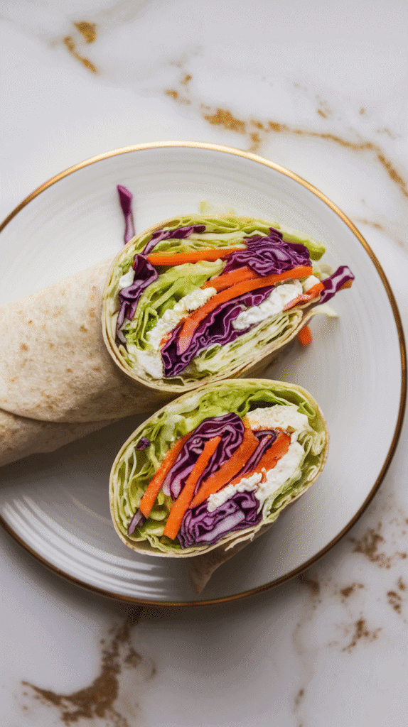 a sliced cottage cheese and slaw wrap on a white plate, colorful filling visible, wrap folded neatly