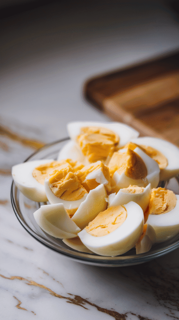 chopped hard-boiled eggs on a cutting board, showing whites and yolks in soft chunks.