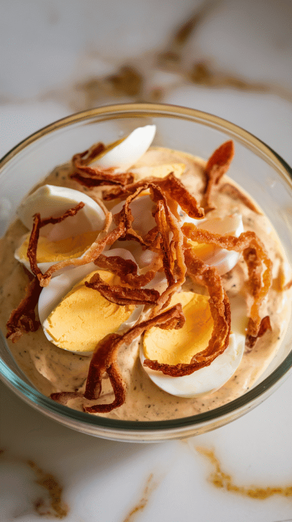 egg pieces being folded into the creamy dressing, with crispy shallots layered in.