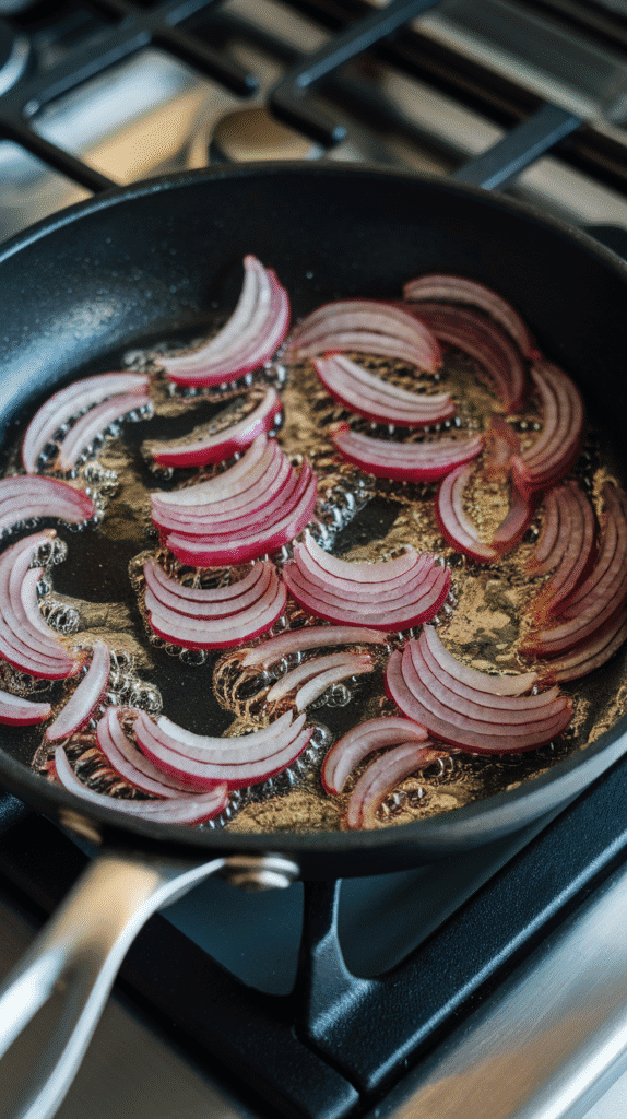 thin shallot slices frying in shimmering oil, turning golden at the edges inside a skillet.