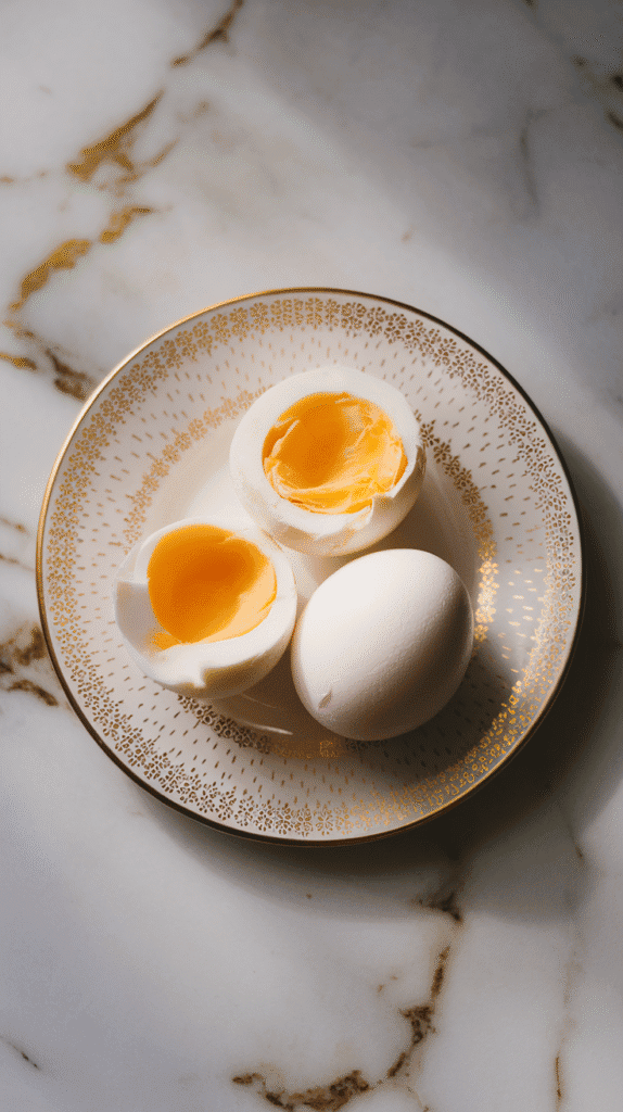 peeled hard-boiled eggs on a plate, showing smooth, glossy whites with slight texture.