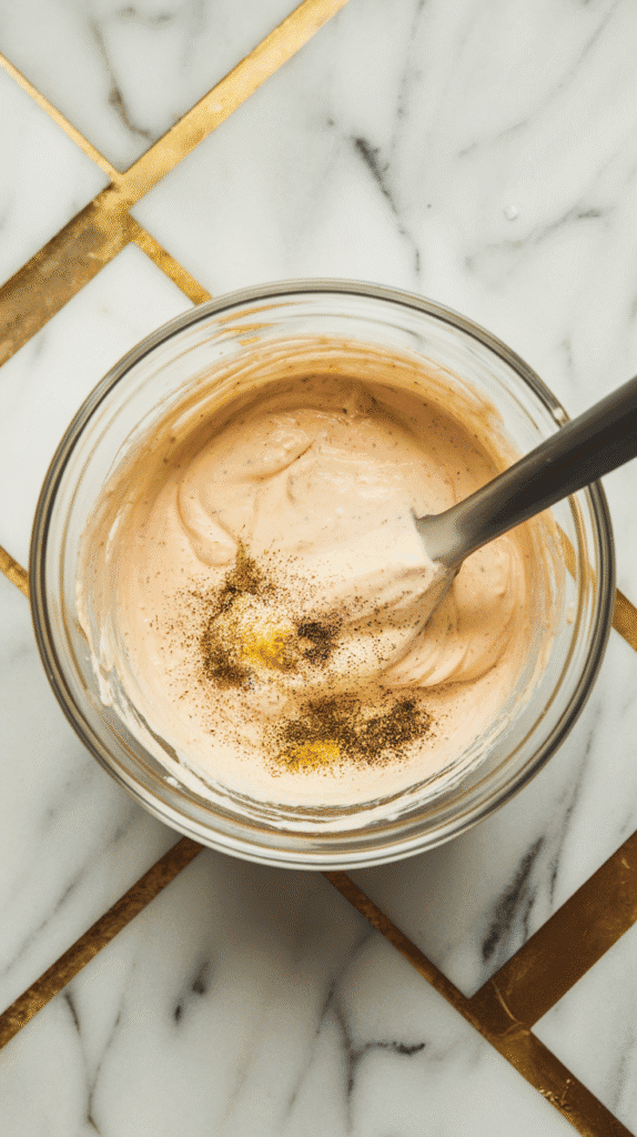 creamy dressing being stirred in a bowl—mayo, mustard, garlic powder, salt and pepper forming a smooth, pale mixture.