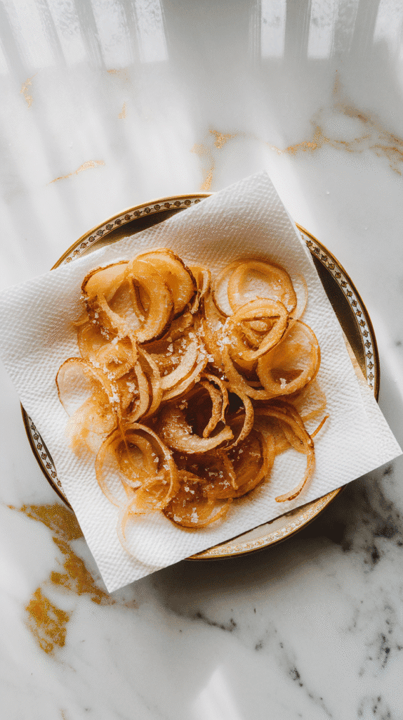 golden brown shallots draining on a paper towel-lined plate, glistening with oil, freshly salted.