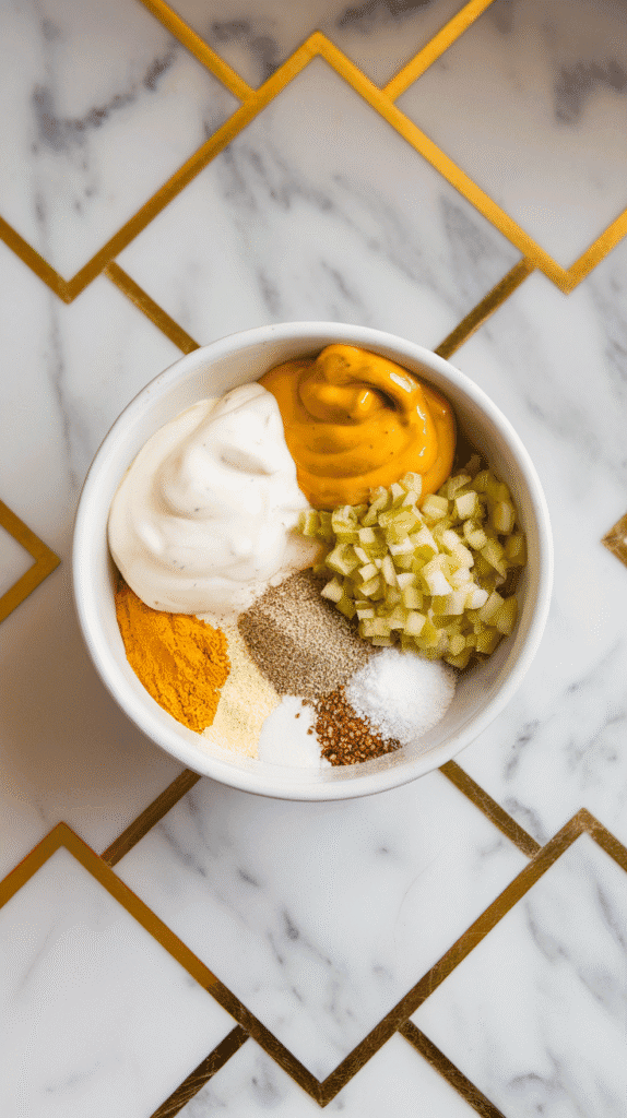 dressing ingredients in a bowl—mayo, both mustards, relish, garlic and onion powder, salt and pepper—just before being mixed.