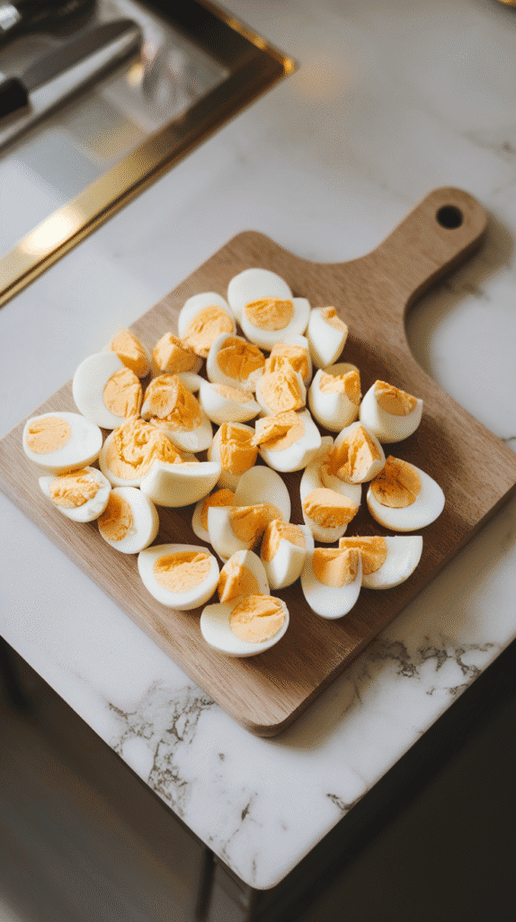 chopped hard-boiled eggs on a cutting board, whites and yolks visible in uneven but bite-sized pieces.