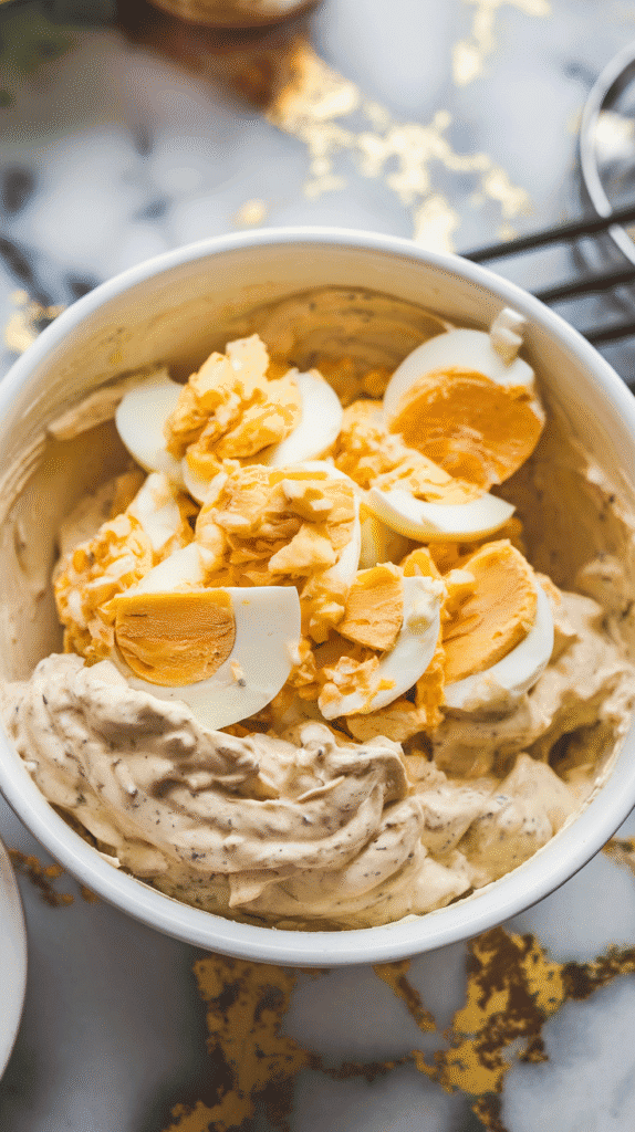 chopped eggs being folded into creamy mustard-mayo dressing, flecks of relish and yolk visible throughout.