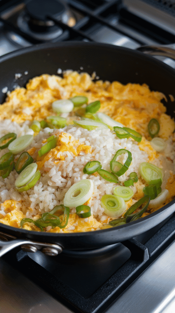 cold rice mixing into scrambled egg and scallions, individual grains separating and starting to warm through