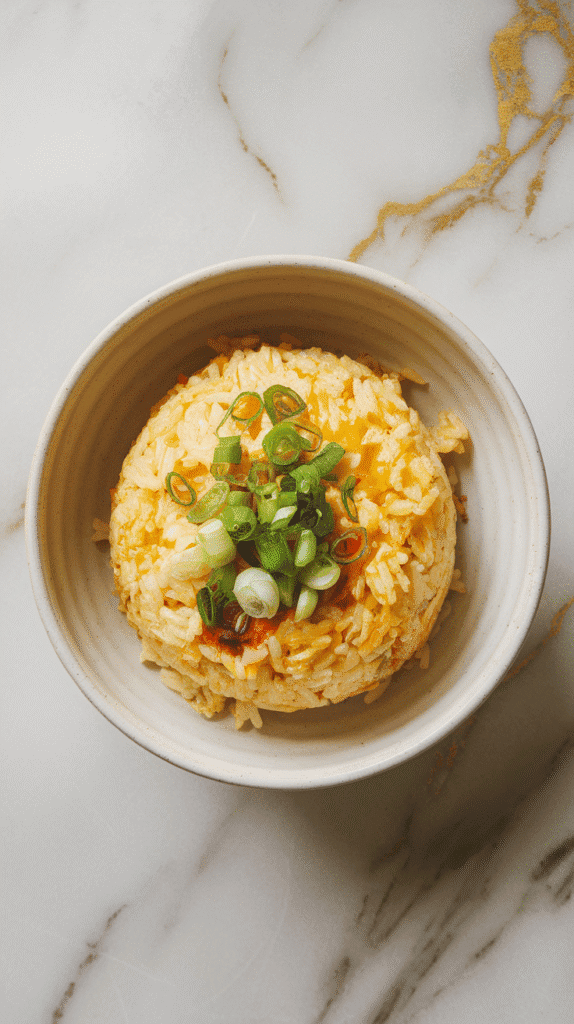 egg fried rice with scallion oil served in a light ceramic bowl, garnished with fresh scallions and optional chili oil drizzle. On white marble counters with hints of gold