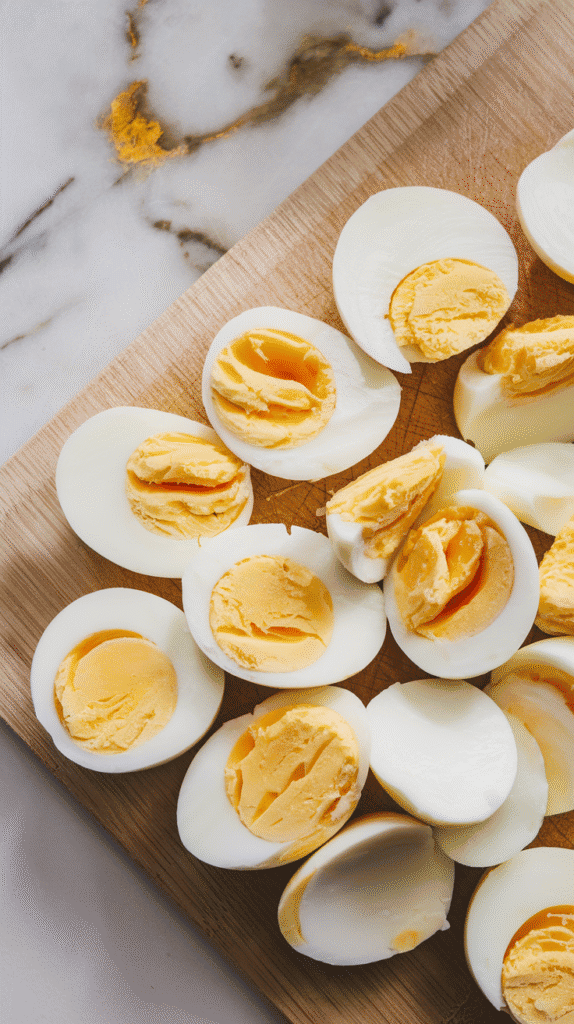 roughly chopped hard-boiled eggs on a cutting board. Egg whites and yolks are visible in uneven, rustic pieces