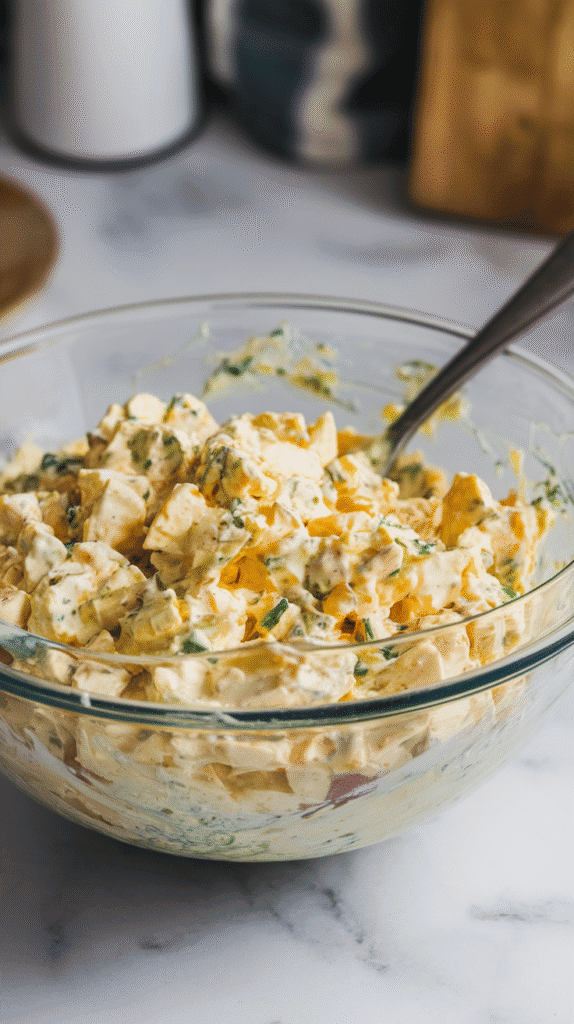 egg salad being gently mixed with a spoon, showing creamy dressing clinging to egg chunks and flecks of mustard and green onion.