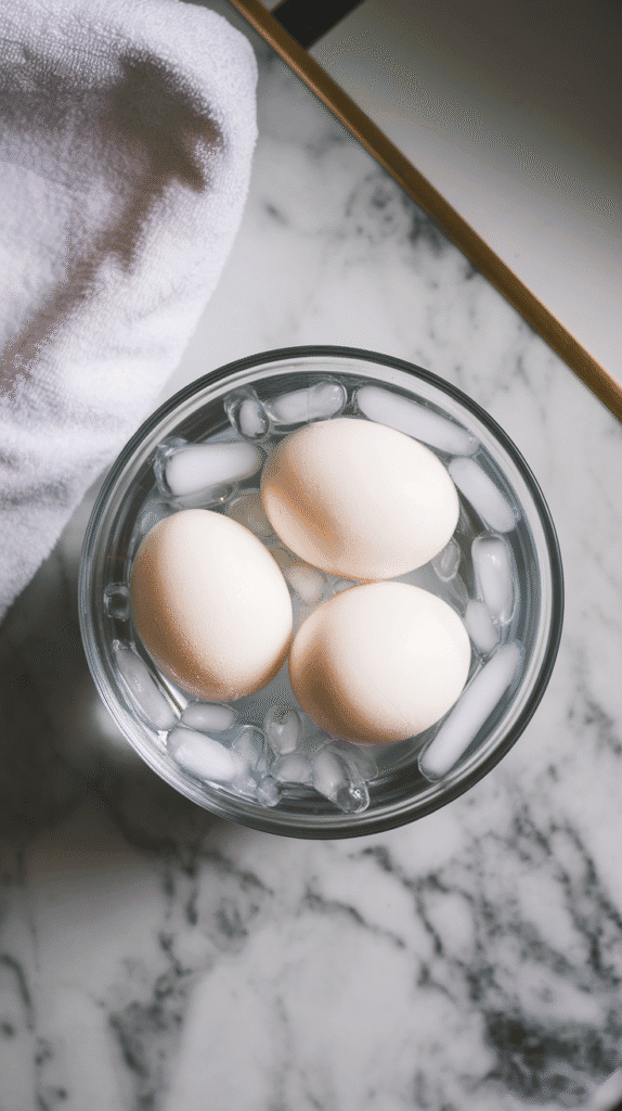 peeled hard-boiled eggs resting next to a bowl of ice water, with a towel for drying. Eggs are whole and glossy